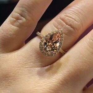 18K Rose Gold Morganite and Halo Pear Shape Art Deco Antique Ring